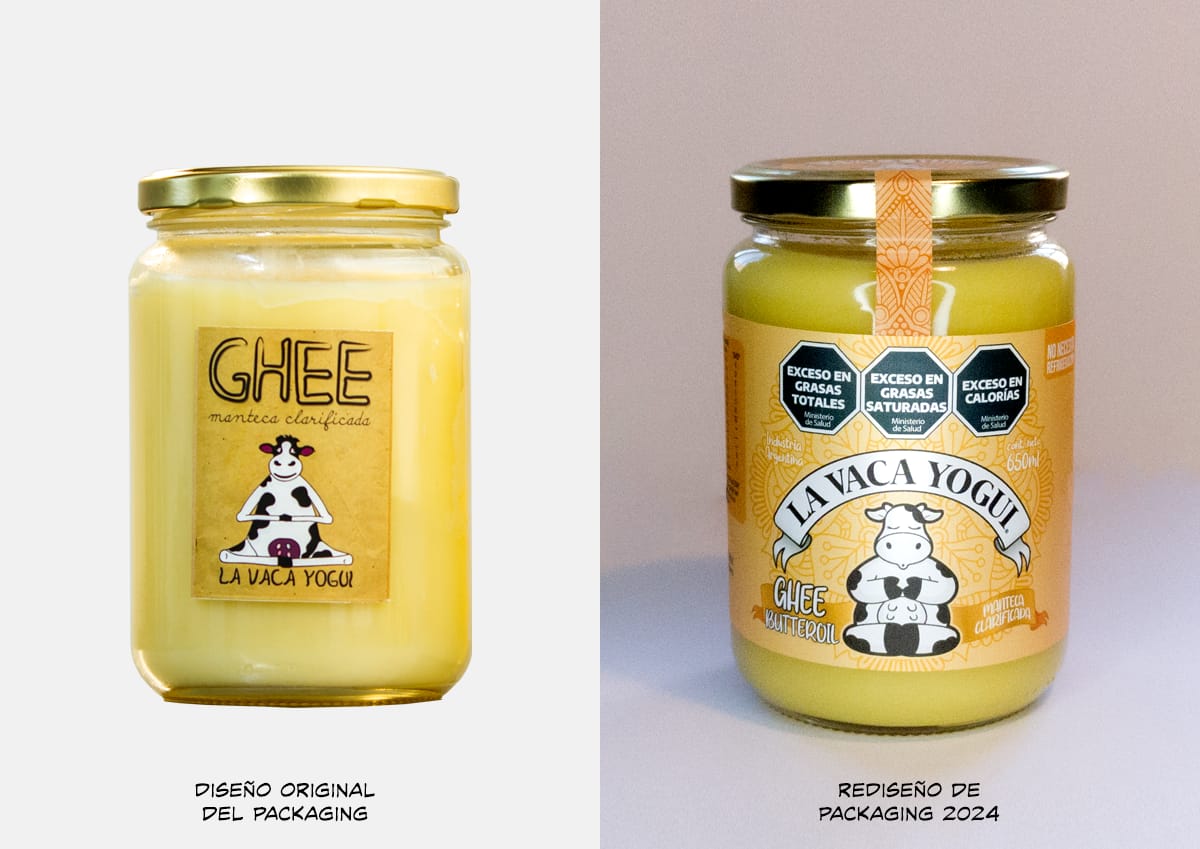 antes y despues diseño de etiqueta para La Vaca Yogui - RofeDG